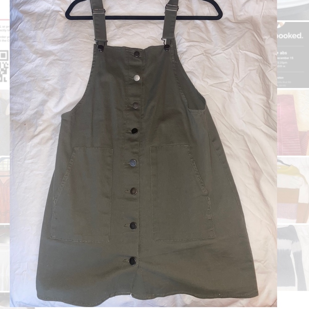 Army green baby doll style overall dress